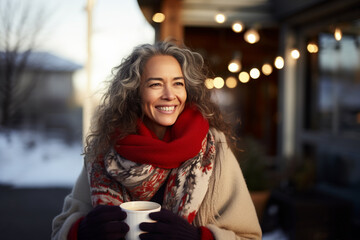 beautiful elderly woman warming up with a cup of hot coffee on snowy background in city winter outdoors