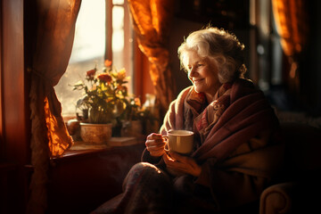 beautiful happy smiling old woman sitting and warming up with blanket and hot cup of coffee near window in the morning, home sweet home