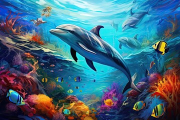 Dolphin and tropical fish in the coral reef. Illustration, Dolphin with group of colorful fish and sea animals with colorful coral underwater in the ocean, AI Generated