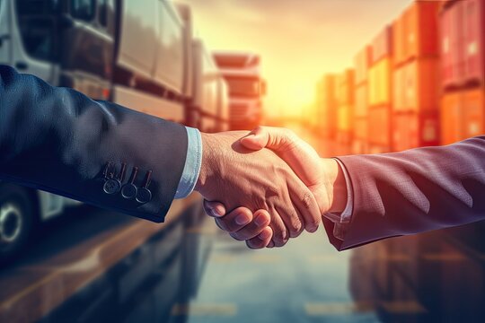 Double exposure of businessman handshake with container cargo freight ship background. Logistics and transportation concept, Double exposure of businessman handshake with cargo truck, AI Generated