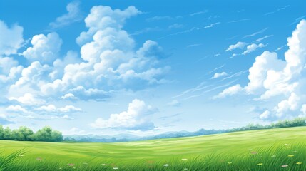 Fototapeta na wymiar Landscape green field and blue sky. AI generated image