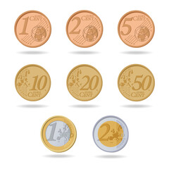 Set of coins drawn in vector style. The illustration is drawn on a white background