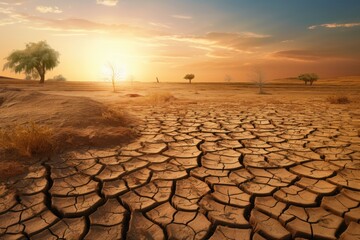 Landscape with dry and cracked ground. Global warming and climate change concept, drought land and hot weather, AI Generated