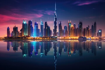 Dubai skyline at sunset, United Arab Emirates. Dubai is the fastest growing city in the world, Dubai skyline in the evening, AI Generated - obrazy, fototapety, plakaty