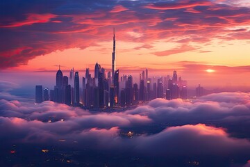 Fantasy landscape with skyscrapers in the clouds. 3d render, Dubai sunset view of downtown covered with clouds, AI Generated