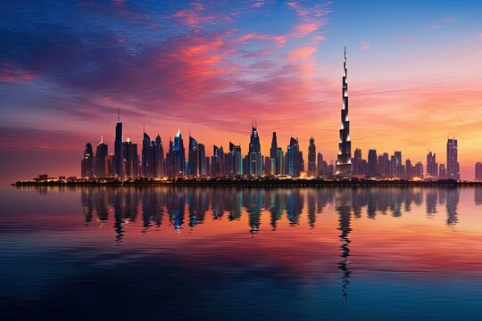 Dubai skyline in Dubai, UAE. Dubai was the fastest developing city in the world between 2002 and 2008, Dubai skyline in the evening, AI Generated