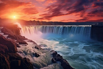 Gullfoss waterfall at sunset, Iceland. HDR image, Dusk at Niagara Falls, AI Generated