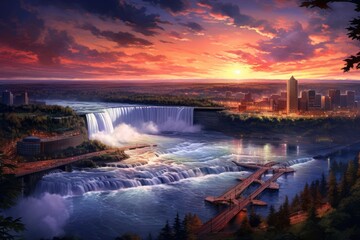 Niagara Falls at sunset, Ontario, Canada. The most powerful waterfall in the world, Dusk at Niagara Falls, AI Generated