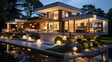 Fototapeta premium Modern cozy house with parking for sale or rent in luxurious style and beautiful landscaping on background. Clear night.
