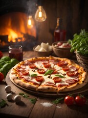 picture of pizza on a wooden table