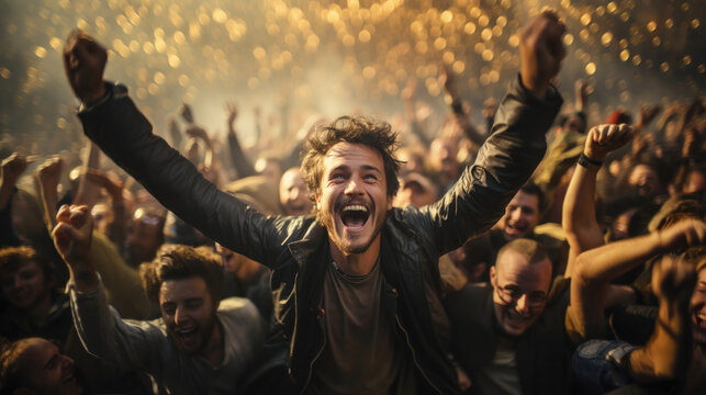 Man With Raised Hands Against Many People At A Big Mass Event.