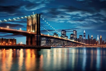 Fototapeta premium Brooklyn Bridge and Manhattan skyline at night, New York City, East River mit Blick auf Manhattan und die Brooklyn Bridge, New York, USA, AI Generated