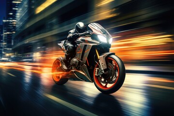 Motorcycle on the road with motion blur background. Concept of speed, EBR racing motorcycle with abstract long exposure dynamic speed light trails in an urban environment city, AI Generated - obrazy, fototapety, plakaty