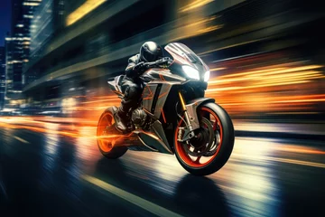 Foto op Canvas Motorcycle on the road with motion blur background. Concept of speed, EBR racing motorcycle with abstract long exposure dynamic speed light trails in an urban environment city, AI Generated © Iftikhar alam