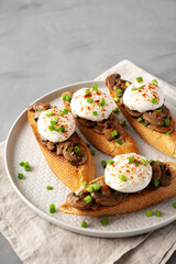 Homemade Creamy Mushroom Toasts on a Plate, side view. Copy space.