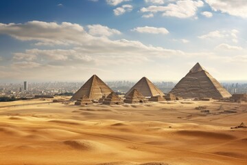 The Great Pyramids of Giza in Cairo, Egypt, Africa, Egypt. Cairo - Giza. General view of pyramids and cityscape from the Giza Plateau, AI Generated