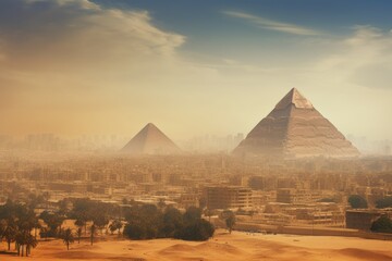 Egyptian pyramids of Giza at sunset, Cairo, Egypt, Egypt. Cairo - Giza. General view of pyramids and cityscape from the Giza Plateau, AI Generated - obrazy, fototapety, plakaty
