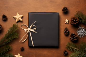 Black gift box with ribbon and space for text on brown background
