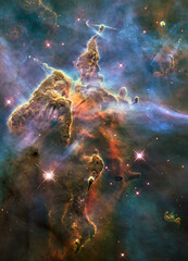 Milky way, space and stars in dust cloud, universe with light, and color glow particles in solar...