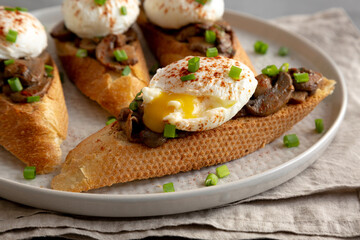 Homemade Creamy Mushroom Toasts on a Plate, side view. Close-up.