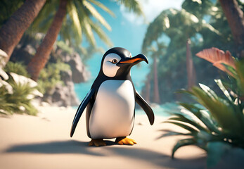 Adorable Beach Bird, 
Penguin's Coastal Adventure, 
Happy Penguin at the Beach, 
Sunny Day with a Penguin