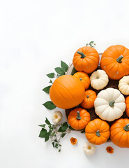 Top view pumpkins arrangement in white background