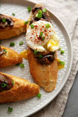 Homemade Creamy Mushroom Toasts on a Plate, side view. Close-up.