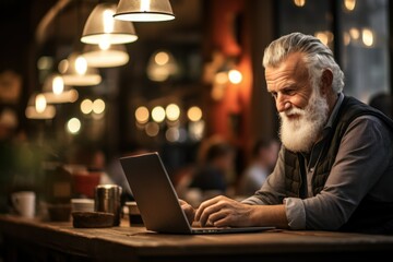 Old man with laptop working in restaurant, light bronze. Generative AI - obrazy, fototapety, plakaty