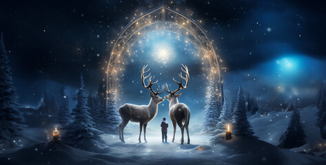 christmas deer in the night, deer in the forest, deer in the snow 