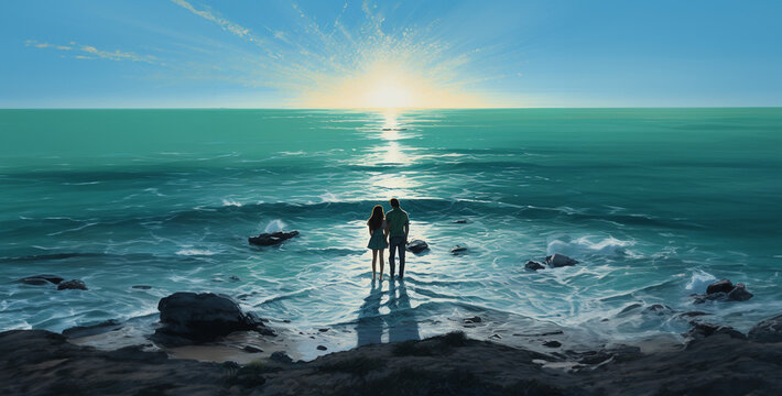 a image of the turquoise blue sea and a couple hold each other hand