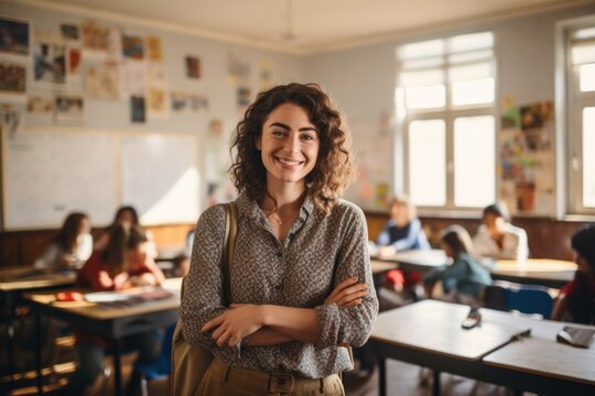 Female teacher standing and smiling while a classroom crowds around her, in the style of warm tones, captivating, emotional imagery, generative AI