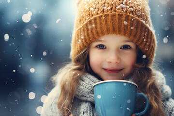 happy smiling girl with cup of hot chocolate on bokeh snowy background