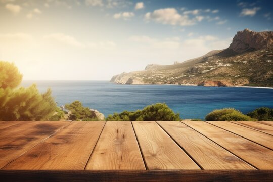 Wooden table, deck on the side of a sea overlooking the cliffs and seascape, in the style of mediterranean landscapes, contest winner, environmental awareness, generative ai