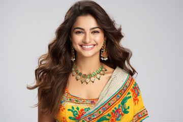 Young beautiful indian girl wearing jewelery, smiling - obrazy, fototapety, plakaty