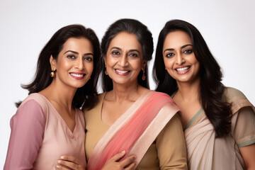 Three indian women standing together and giving happy expression.