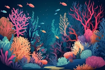Fototapeta na wymiar Stunning underwater scene with colorful corals, plants, and marine life. Ideal for kids books, paintings, sale banners. Generative AI