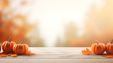 Autumn background with pumpkins and leaves on wooden floor, Thanksgiving background theme