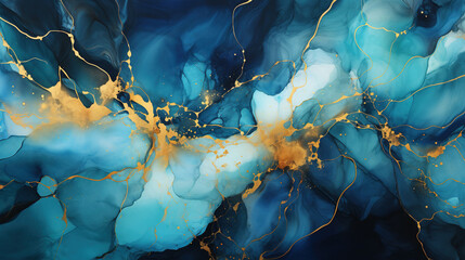 Blue alcohol ink marble textured background with golden splash. AI