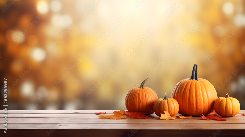 Wall mural autumn background with pumpkins and leaves on wooden floor, thanksgiving background theme