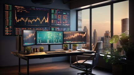 minimalist hi tech office with computers with stock market data on screens  - obrazy, fototapety, plakaty