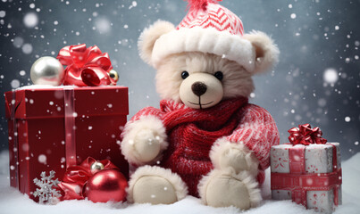 Cute teddy bear in winter clothes and Christmas presents sitting in a snowy landscape. Generative Ai