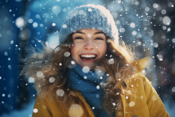 portrait of a beautiful smiling happy girl in snowy winter