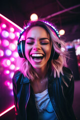 young woman in headphones listens to music. beautiful, happy girl in neon light. smiling man on a purple background