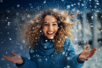 portrait of a beautiful smiling happy girl in snowy winter