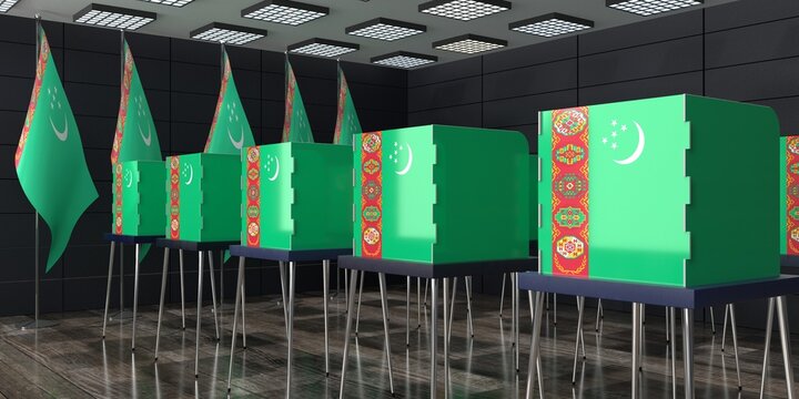 Turkmenistan - voting booths and national flags in polling station - election concept - 3D illustration