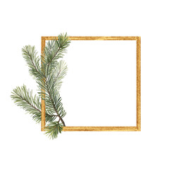 Gold Christmas frame with fir branches.