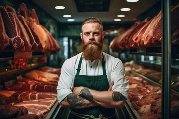 Fotobehang Portrait of a red-bearded butcher with tattoos on his arms in a butcher's shop. Created with Generative AI tools © DIGITALSHAPE