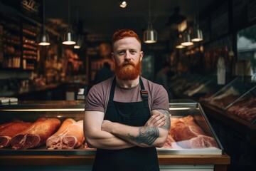Portrait of a red-bearded butcher standing at the counter in the butcher shop. Created with Generative AI tools