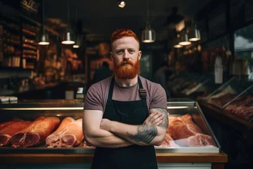 Fotobehang Portrait of a red-bearded butcher standing at the counter in the butcher shop. Created with Generative AI tools © DIGITALSHAPE