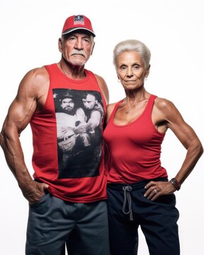 Portrait of a senior couple in sportswear posing over white background. Created with Generative AI tools